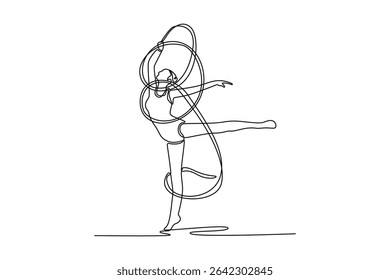 Single continuous line drawing young female rhythmic gymnast posing with ribbon. Beautiful and graceful sport. Motion, grace and flexibility. Dynamic one line draw graphic design vector illustration