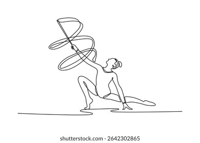 Linha única contínua desenho jovem ginasta mulher alongamento e treinamento ginástica rítmica com fita. Esporte profissional, estilo de vida saudável e ativo. Ilustração vetorial de design gráfico de uma linha