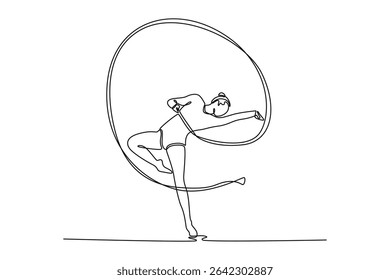 Single continuous line drawing young female rhythmic gymnastics artist in sportswear training with ribbon. Grace in motion, action and sport. Dynamic one line draw graphic design vector illustration