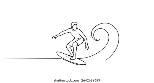 Linha única contínua desenhando jovem surfista profissional em ação cavalgando as ondas no oceano azul. Conceito de esportes aquáticos extremos. Férias de verão. Desenho de uma linha na moda ilustração gráfica vetorial
