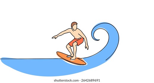 Linha única contínua desenhando jovem surfista profissional em ação cavalgando as ondas no oceano azul. Conceito de esportes aquáticos extremos. Férias de verão. Desenho de uma linha na moda ilustração gráfica vetorial
