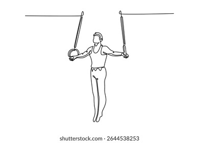 Linha única contínua desenho jovem atleta masculino treinamento com anéis de ginástica no ginásio de fitness. Apto desportista executar dublê em roupas de esporte. Ilustração de vetor de design gráfico de desenho dinâmico de uma linha
