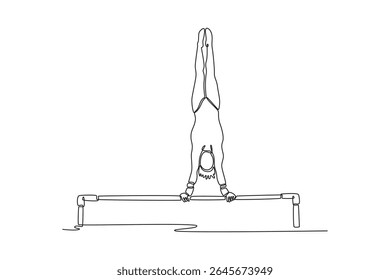 Linha única contínua desenhando jovem ginasta menina realizando handstand em bares irregulares no ginásio profissional. Fazendo exercício de estabilidade central de calistenics. Ilustração de vetor de design gráfico com desenho de uma linha