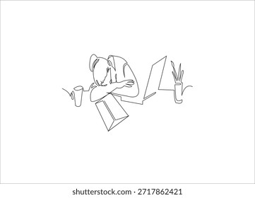 Dibujo de línea continua única de joven mujer cansada.