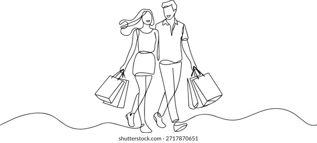 Línea continua única que dibuja la pareja romántica feliz joven que sostiene las bolsas de papel mientras que hacen compras juntas en el centro comercial. Compra de moda y concepto cosmético. una línea de dibujo de iconos
