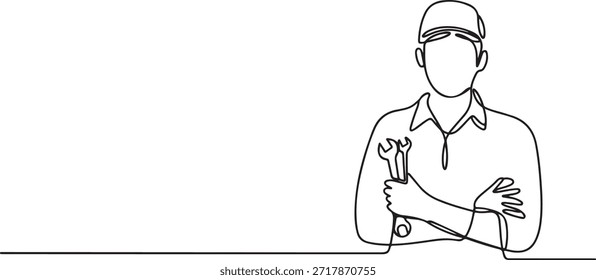 Single continuous line drawing of young man mechanic holding wrench set at car workshop garage. Professional work job occupation. Minimalism concept. one line Icon drawing
