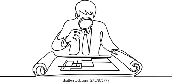 Dibujo de línea continuo único del gerente de la compañía joven hace control de calidad para bosquejar el diseño del proyecto. Concepto de negocio de arquitectura de edificios. dibujo de iconos de una línea
