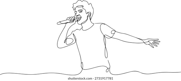 Desenho de linha contínua de jovem cantor pop masculino feliz segurando microfone e cantando no palco de concerto de música. Trendy músico artista conceito de desempenho. uma linha Ícone desenho

