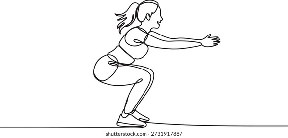 Dibujo de línea continua única de mujer feliz joven haciendo ejercicio haciendo movimiento en cuclillas en el club de gimnasio del centro deportivo. Concepto de fitness de entrenamiento deportivo. dibujo de iconos de una línea
