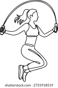 Línea continua única que dibuja el tren de la mujer deportiva joven que salta con la cuerda que salta en centro del club del gimnasio del deporte. Concepto de estiramiento de fitness. dibujo de un icono de línea
