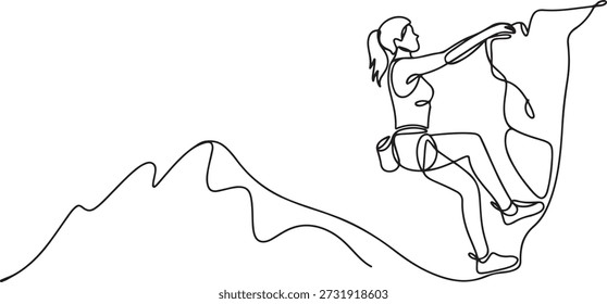 Single continuous line drawing of young muscular climber woman climbing hanging on mountain grip. Outdoor active lifestyle and rock climbing concept. one line Icon drawing
