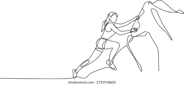 Single continuous line drawing of young muscular climber woman climbing hanging on mountain grip. Outdoor active lifestyle and rock climbing concept. one line Icon drawing

