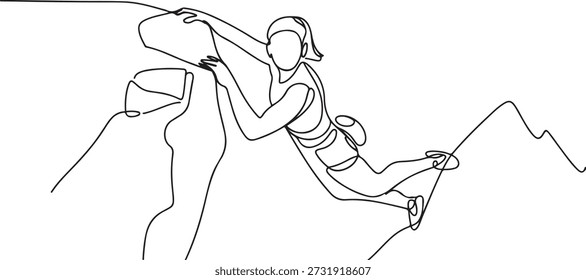 Single continuous line drawing of young muscular climber woman climbing hanging on mountain grip. Outdoor active lifestyle and rock climbing concept. one line Icon drawing

