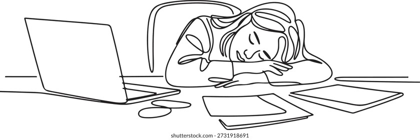 Desenho de linha única contínua de jovem funcionária cansada dormindo na mesa de trabalho com laptop e pilha de papéis. Fadiga de trabalho no conceito do escritório. desenho de ícone de uma linha
