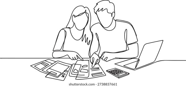 Single continuous line drawing of young male and female couple discussing household monthly bills together. After marriage life concept. one line Icon drawing
