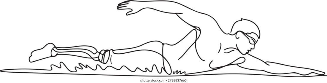 Single continuous line drawing young male athlete with disabilities playing in swimming at tournament games. Disabled sport, success, championship. one line Icon drawing
