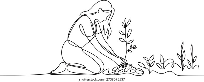 Single continuous line drawing young woman planting a tree in the garden. Ecology concept. The spring planting. Early seedlings grown from seeds. Agriculture. Earth day. one line Icon drawing
