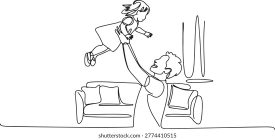 Single continuous line drawing of young dad lifting and turning his daughter around up in the air at home. Happy family parenting concept. Single line art. Editable stroke

