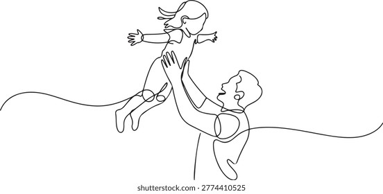 Single continuous line drawing of young dad lifting and turning his daughter around up in the air at home. Happy family parenting concept. Single line art. Editable stroke
