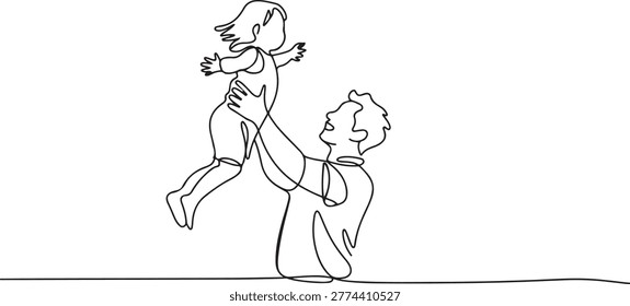 Single continuous line drawing of young dad lifting and turning his daughter around up in the air at home. Happy family parenting concept. Single line art. Editable stroke
