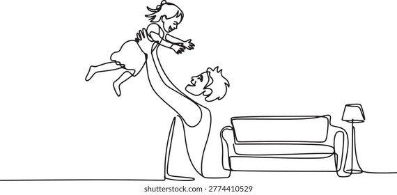 Single continuous line drawing of young dad lifting and turning his daughter around up in the air at home. Happy family parenting concept. Single line art. Editable stroke
