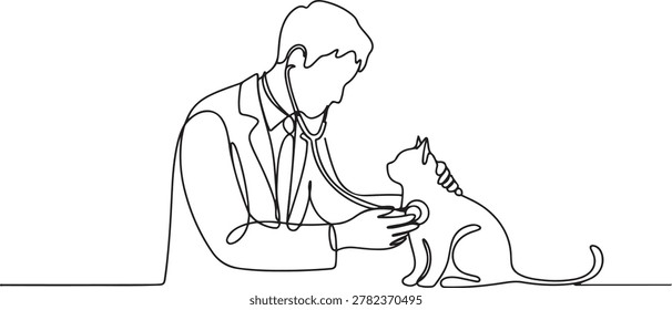 Single continuous line drawing of young male veterinarian examining and take care of a sick cat because of a bacteria.one line vector illustration with white background
