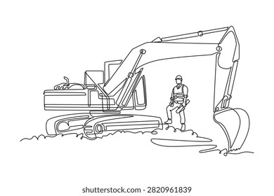 Single continuous line drawing young male site worker holding blueprints and standing next to a large heavy excavator machine at a construction site. One line draw graphic design vector illustration