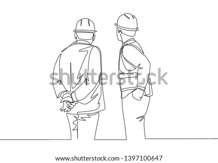 Single continuous line drawing of young foreman construction builder meeting with business owner talking building facility. Building architecture business concept. One line draw design illustration