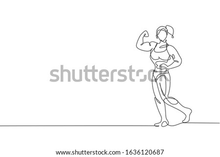 Single continuous line drawing of young muscular model woman bodybuilder posing elegantly. Fitness gym logo. Trendy one line draw design vector illustration for budybuilding icon and symbol template