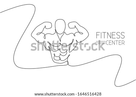 Single continuous line drawing of young muscular model man bodybuilder posing elegant. Fitness center gym logo. Trendy one line draw design vector illustration for bodybuilding icon symbol template