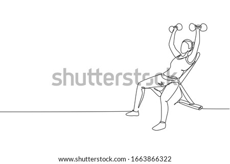 Single continuous line drawing of young sportive man training lift dumbbells on bench press in sport gymnasium club center. Fitness stretching concept. Trendy one line draw design vector illustration