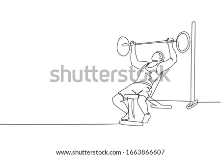 Single continuous line drawing of young sportive man training lifting barbell on bench press in sport gymnasium club center. Fitness stretching concept. Trendy one line draw design vector illustration