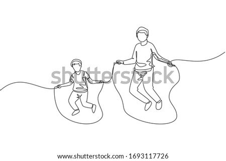 Single continuous line drawing young father and his son exercise jumping with skipping rope at park near home. Happy family parenthood concept. Trendy one line draw design graphic vector illustration