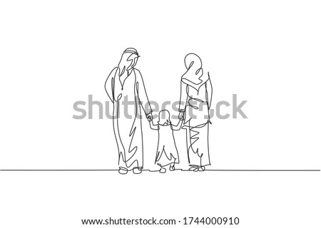Single continuous line drawing of young Islamic mom and dad walk while hold their daughter girl's hand together. Arabian Muslim happy family parenting concept. One line draw design vector illustration