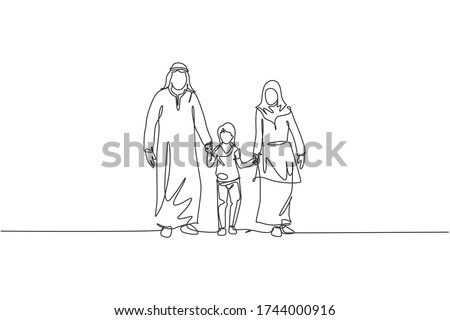 Single continuous line drawing of young Arabian mom and dad walking and holding their daughter's hand together. Islamic muslim happy family parenting concept. One line draw design vector illustration