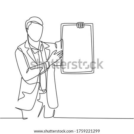Single continuous line drawing of young presenter giving instruction using little blackboard while meeting at the office. Work presentation concept one line draw design graphic vector illustration