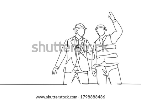 Single continuous line drawing of young architect coordinator explaining construction concept to company manager. Building architecture business concept. One line draw design illustration