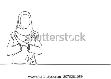 Single continuous line drawing young Arabian woman crossing arms and saying no gesture. Person making X shape, stop sign with hands and negative expression. One line draw design vector illustration