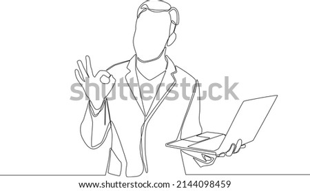 Single continuous line drawing of young businessman holding laptop and showing ok on white background. one line draw design graphic vector illustration.