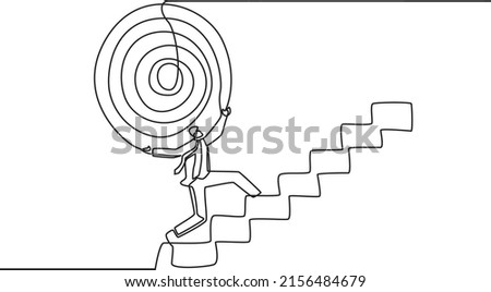 Single continuous line drawing of young entrepreneur pick up the bullseye and walk up the stairs to goals. one line draw graphic design vector illustration.