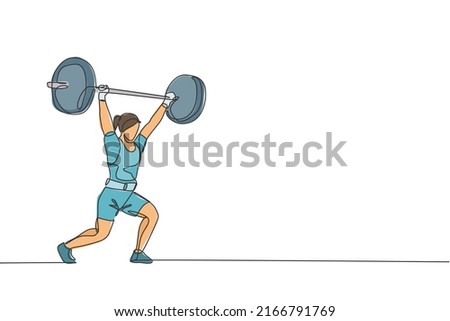 Single continuous line drawing of young strong weightlifter woman preparing for barbell workout in gym. Weight lifting training concept. Trendy one line draw design vector graphic illustration