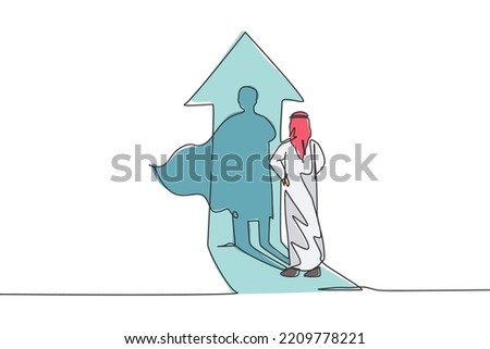 Single continuous line drawing young Arabian businessman facing his superhero shadow on up arrow sign. Professional worker. Minimalism concept dynamic one line draw graphic design vector illustration