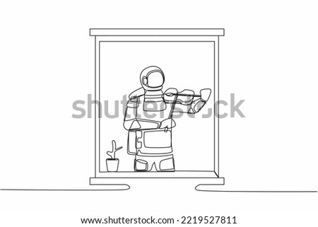 Single continuous line drawing young astronaut musician standing near window and playing violin in room at home in moon surface. Cosmonaut deep space concept. One line draw design vector illustration