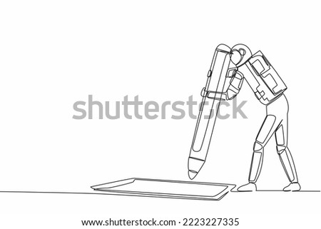 Single continuous line drawing of young astronaut standing near big checklist and fills out questionnaire with pencil in moon surface. Cosmonaut deep space. One line graphic design vector illustration