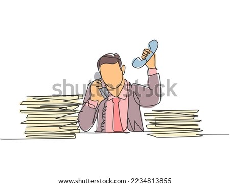 Single continuous line drawing of young dizzy male customer service worker receiving many call in front of stack of papers. Customer care service concept one line draw design vector illustration
