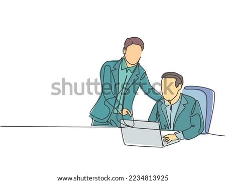 Single continuous line drawing of young manager discussing work plan with his subordinate while staring laptop monitor. Business discussion concept. One line draw design graphic vector illustration Foto stock © 