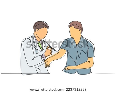 Single continuous line drawing of young male doctor giving vaccine injection to male patient to cure his illness. Medical health care treatment concept one line draw graphic design vector illustration