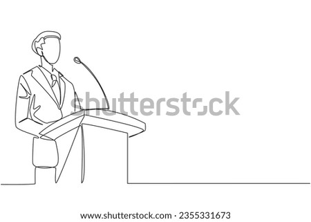 Single continuous line drawing young happy businessman speaking at the podium. Announced greatly improved business balance sheet. A fun speech for all parties. One line design vector illustration