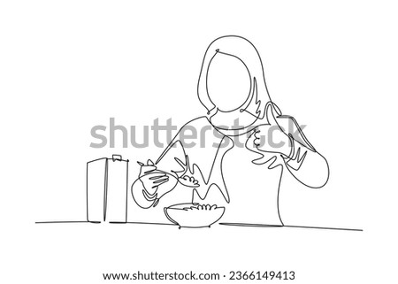 Single continuous line drawing of young happy woman eating breakfast with cereal and milk and giving thumbs up. Healthy nutrition food concept. Dynamic one line draw graphic design vector illustration