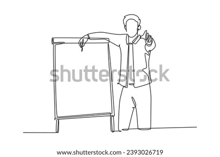 Single continuous line drawing young presenter giving thumbs up gesture to the audience while meeting. Business presentation at office concept. Dynamic one line draw graphic design vector illustration